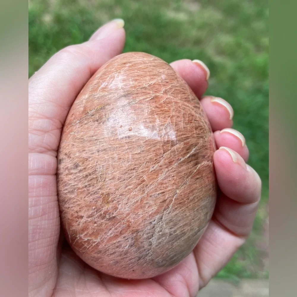 Peach Moonstone Egg. Carved and Polished Large Crystal Egg